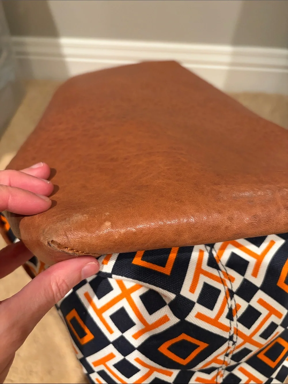Tory Burch Navy, Orange & White Geometric Canvas Tote with Brown Trim